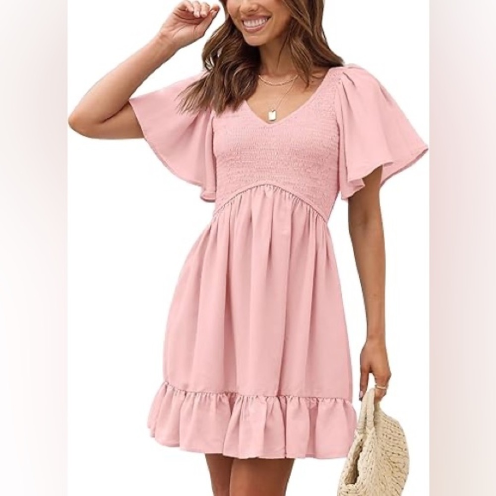 NWT Flowy peachy, pink smocked mini dress